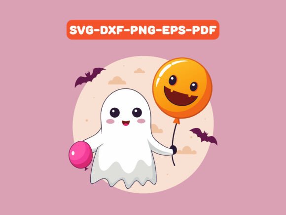 Cute Cartoon Ghost with Balloons SVG
